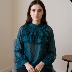 Dark ocean green jacquard-ruffle collar  Blouse Size L